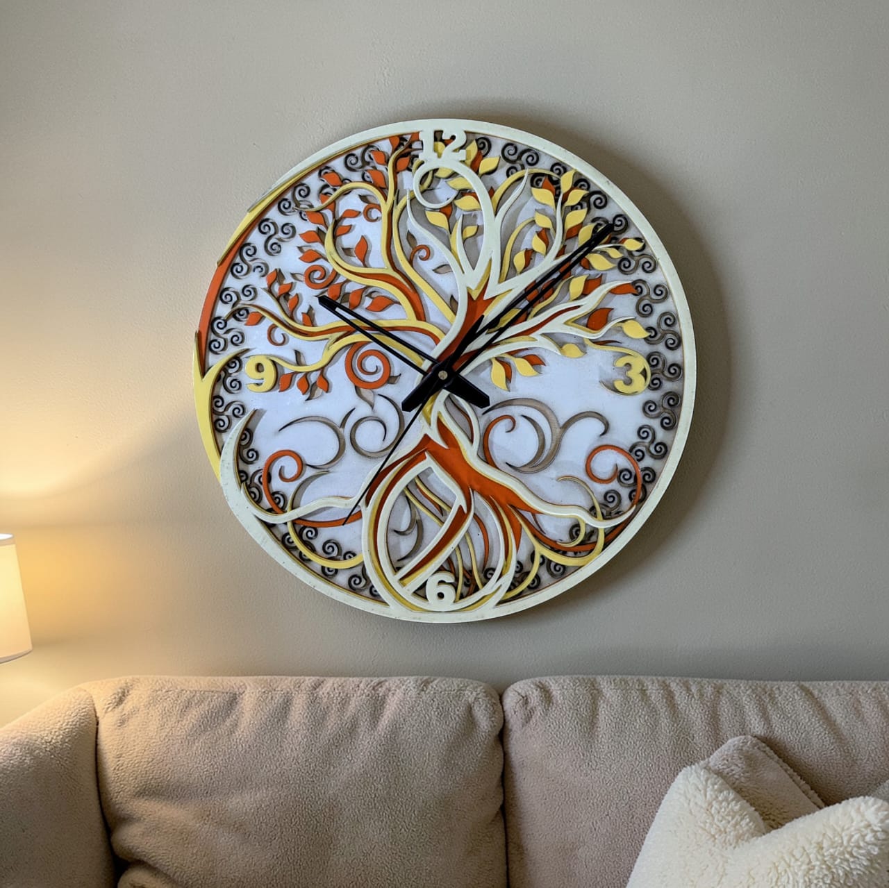 Tree of Life decorative wall clock with ivory gold and amber layered design