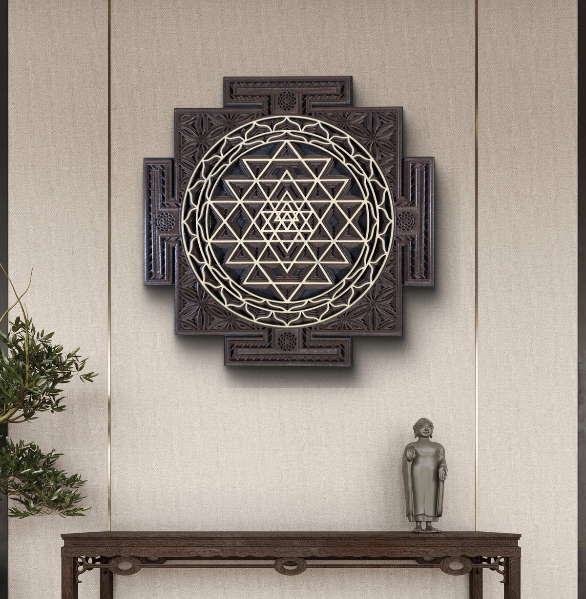 Wooden Sri Yantra Wall Art – Sacred Geometry Décor