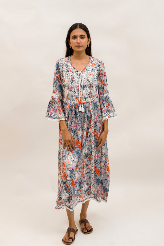 Vibrant Floral Mulmul Chikankari Gown