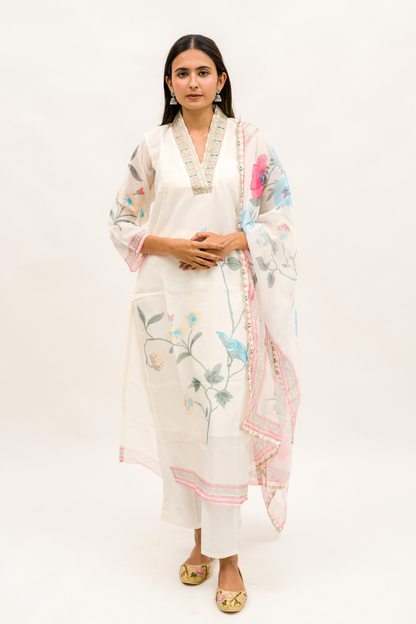 White Floral Organza 3-Piece Kurta Set with Pant and Dupatta