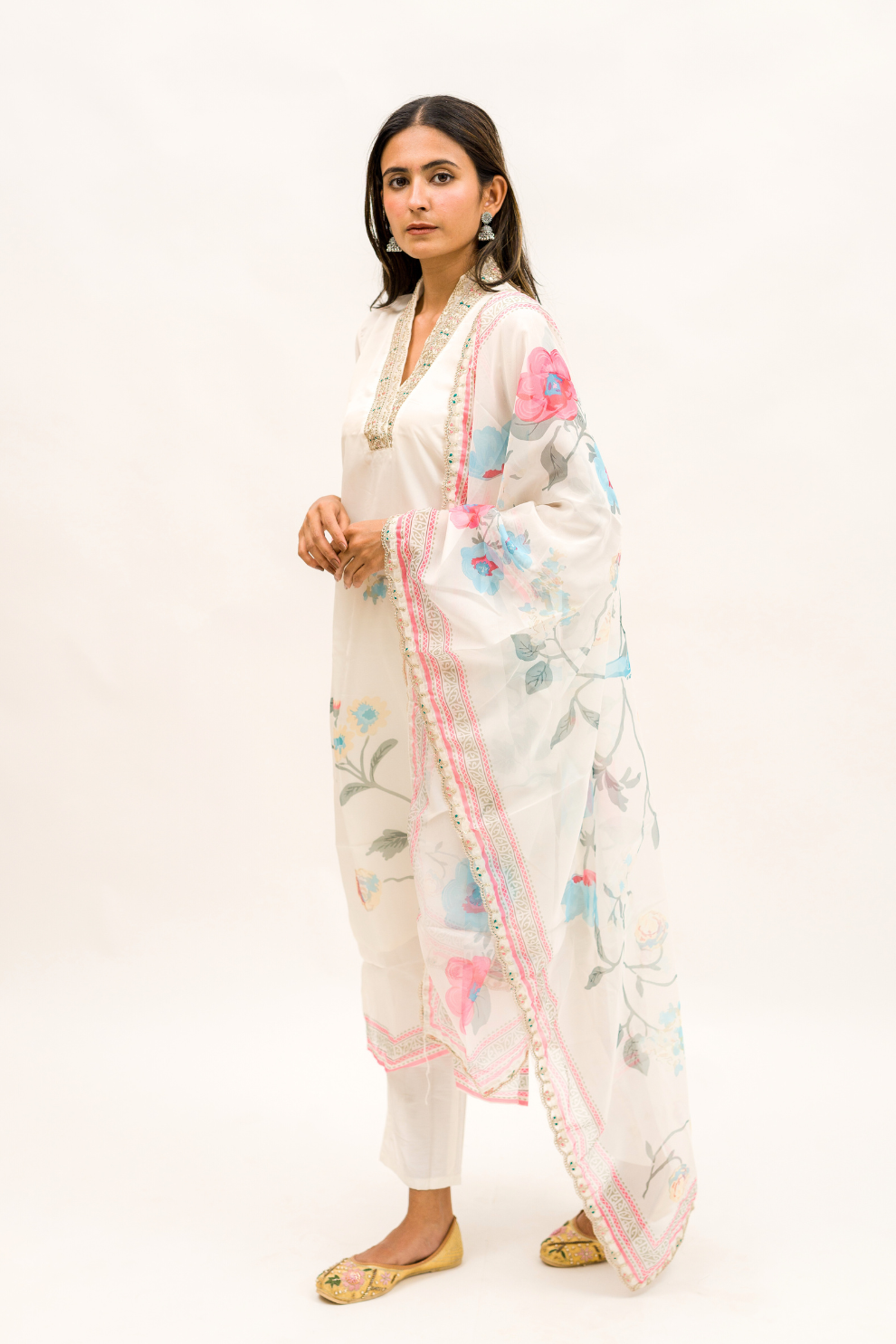 White Floral Organza 3-Piece Kurta Set with Pant and Dupatta