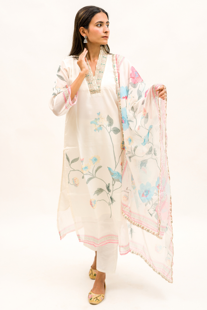 White Floral Organza 3-Piece Kurta Set with Pant and Dupatta