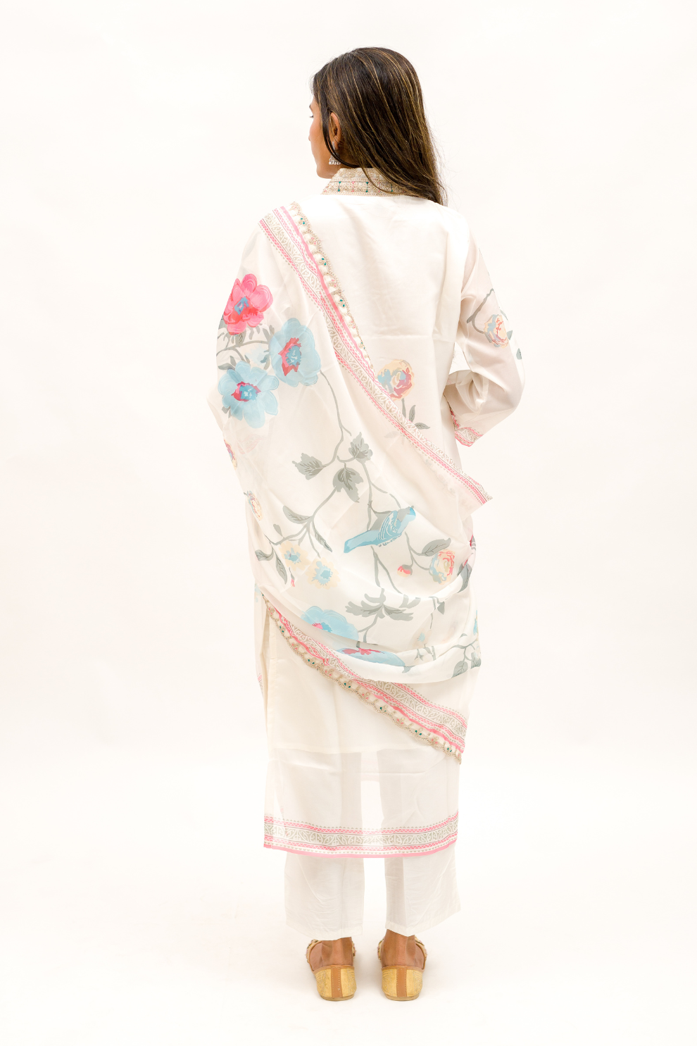 White Floral Organza 3-Piece Kurta Set with Pant and Dupatta