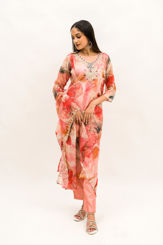 Radiant Coral Abstract Print Organza  Kurta Set with Pant and Dupatta