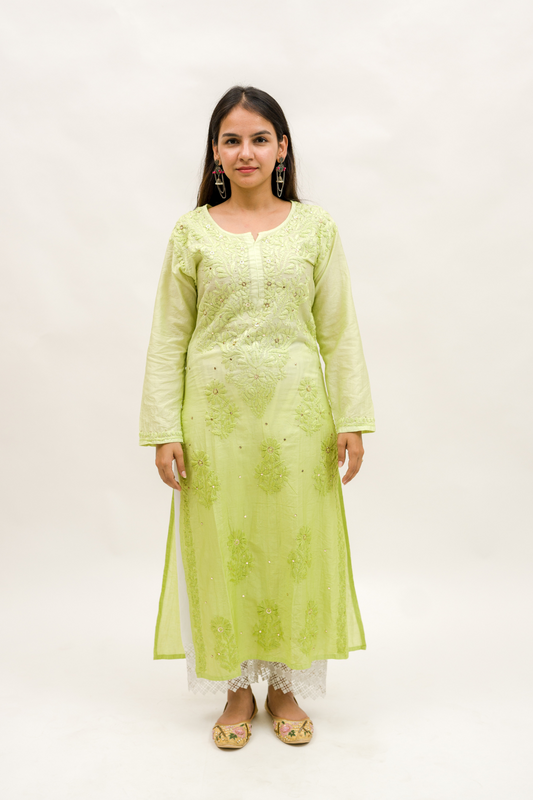 Chanderi Chikankari Kurta with Mukaish Work and Cotton Palazzo Set