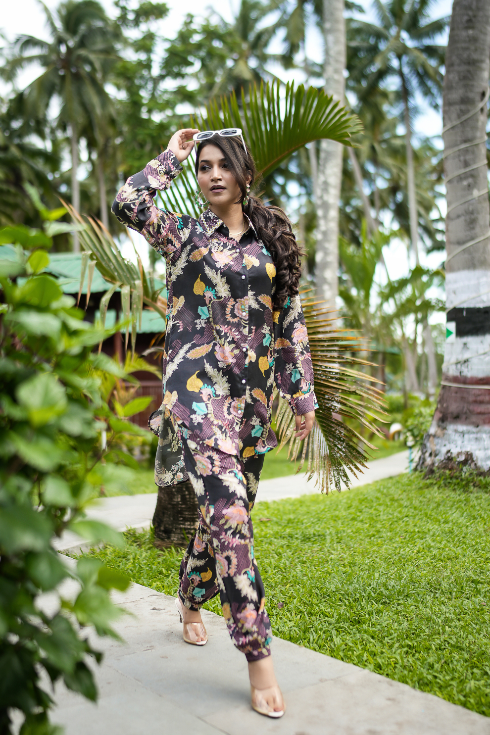 Chic Black Rayon Floral Co-Ord Set