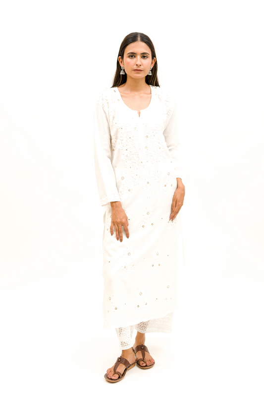 Chanderi Chikankari Kurta with Mukaish Work and Cotton Palazzo Set