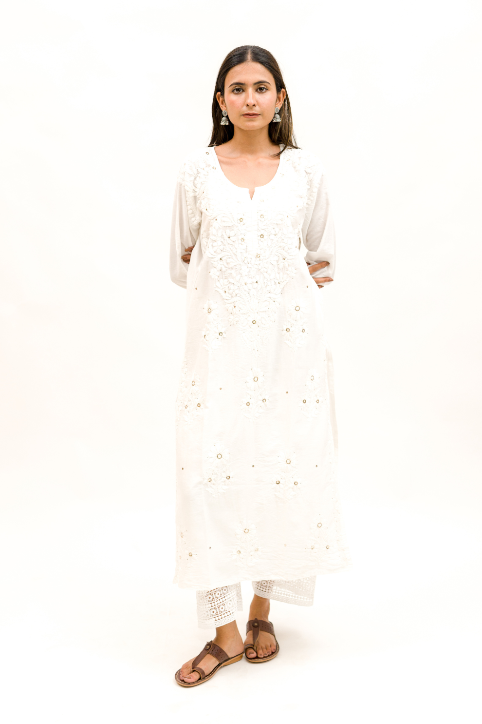 Chanderi Chikankari Kurta with Mukaish Work and Cotton Palazzo Set