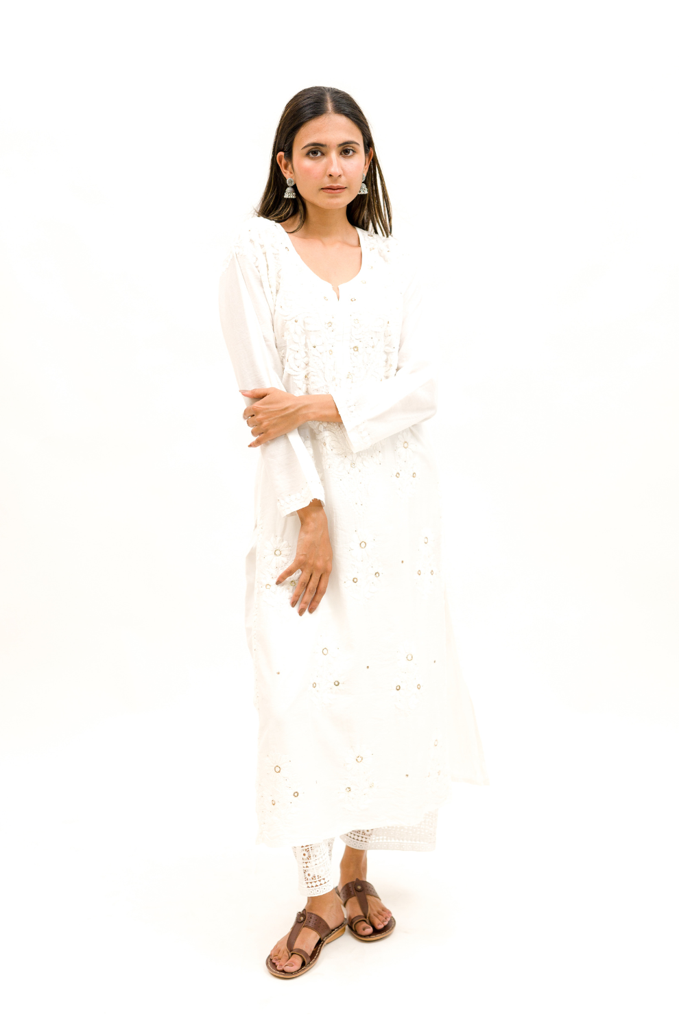 Chanderi Chikankari Kurta with Mukaish Work and Cotton Palazzo Set