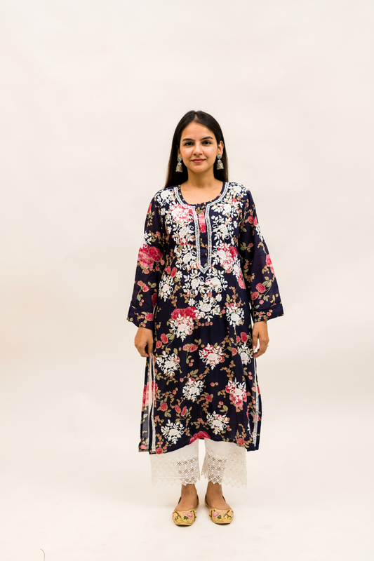 Floral Modal Chikankari Kurta with Cotton Palazzo