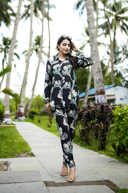 Modern Black and White Rayon Floral Co-Ord Set