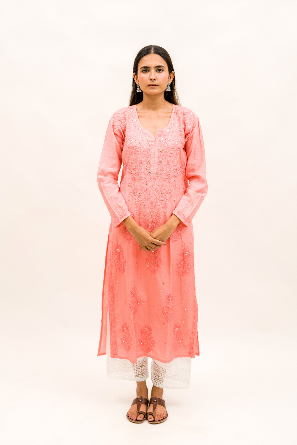 Chanderi Chikankari Kurta with Mukaish Work and Cotton Palazzo Set