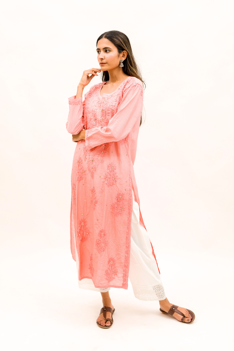 Chanderi Chikankari Kurta with Mukaish Work and Cotton Palazzo Set