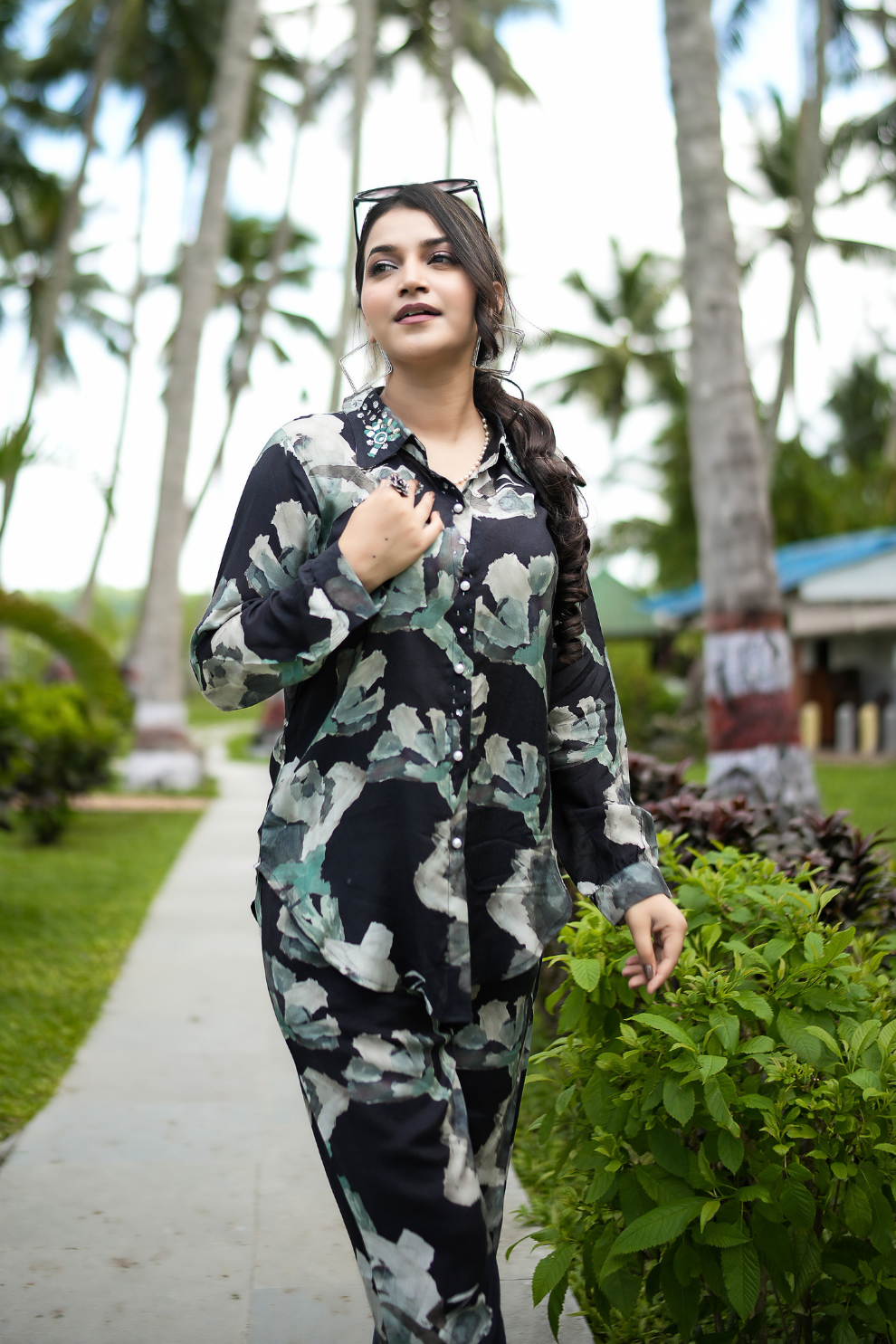 Modern Black and White Rayon Floral Co-Ord Set