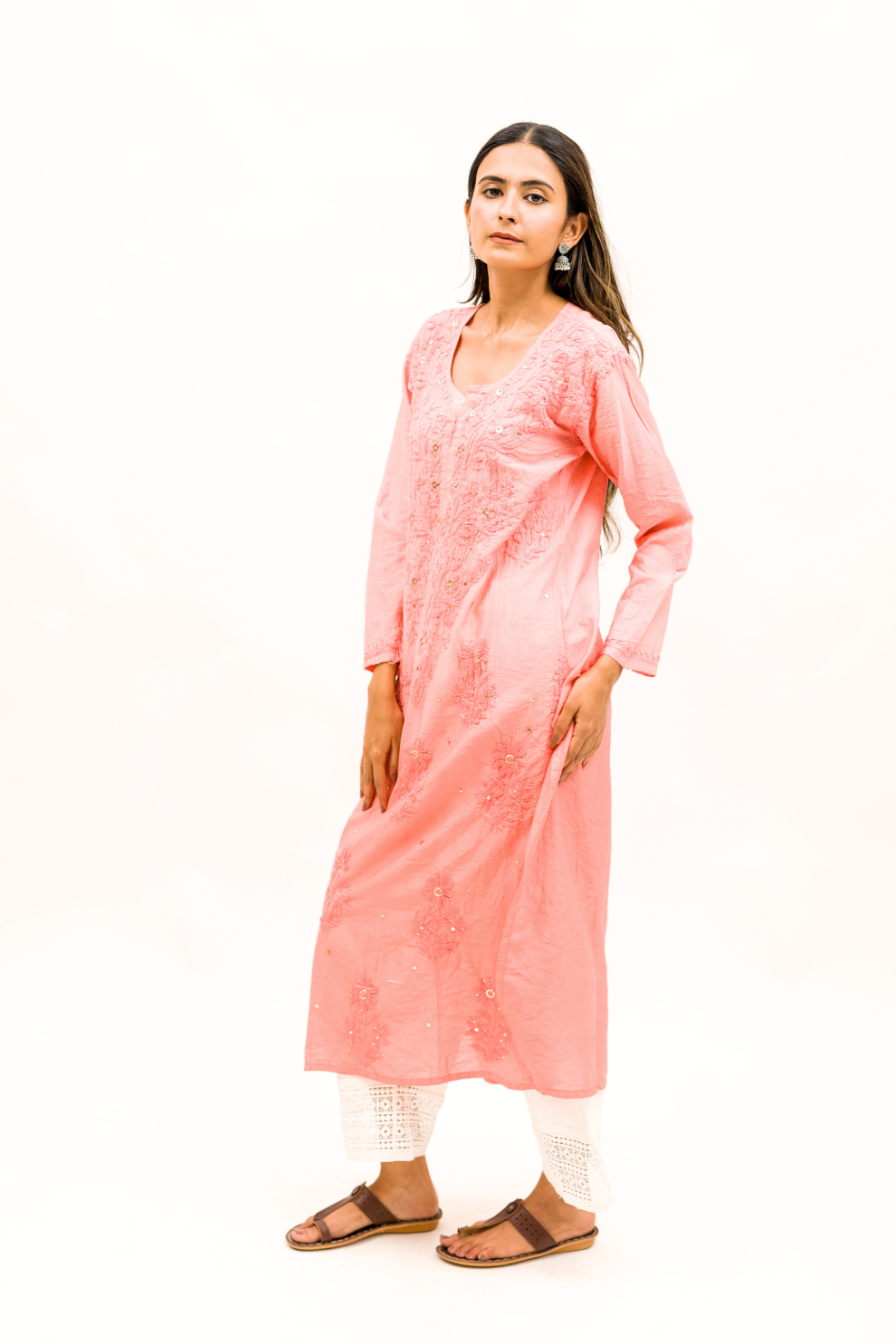 Chanderi Chikankari Kurta with Mukaish Work and Cotton Palazzo Set