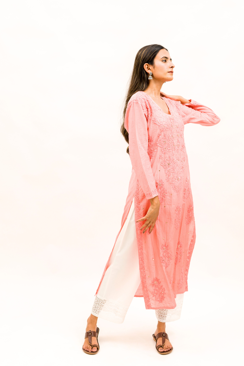 Chanderi Chikankari Kurta with Mukaish Work and Cotton Palazzo Set