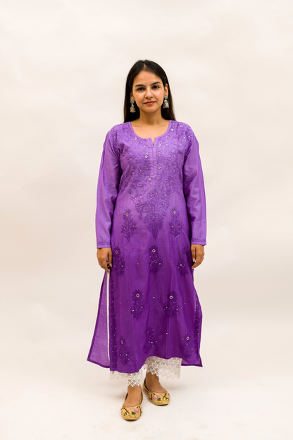 Chanderi Chikankari Kurta with Mukaish Work and Cotton Palazzo Set