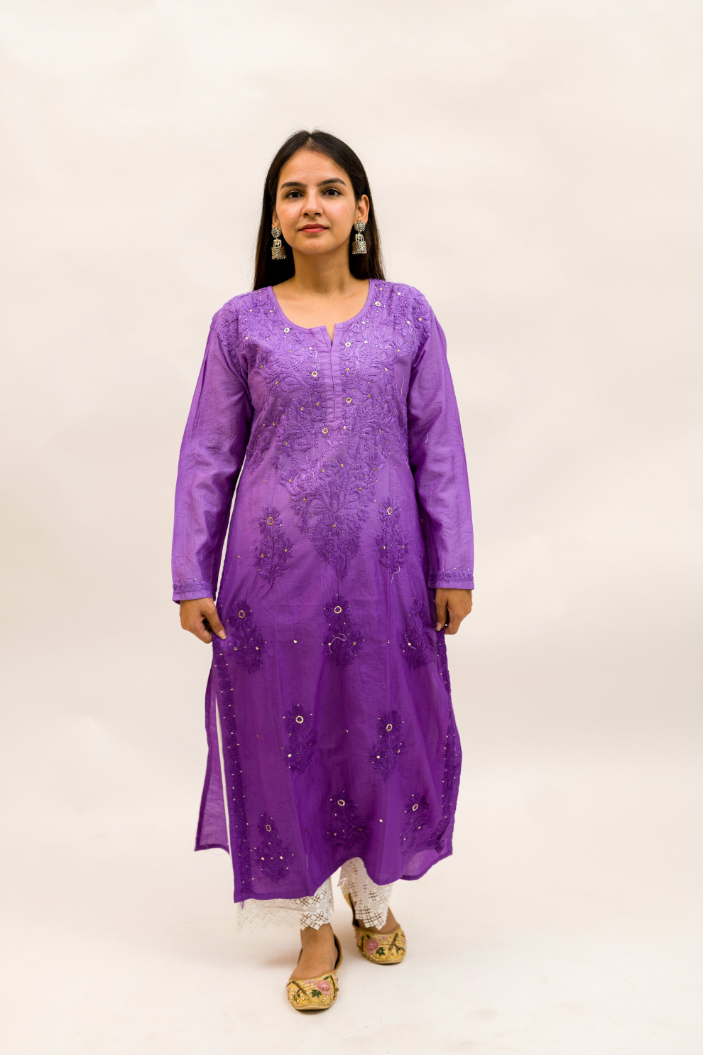 Chanderi Chikankari Kurta with Mukaish Work and Cotton Palazzo Set