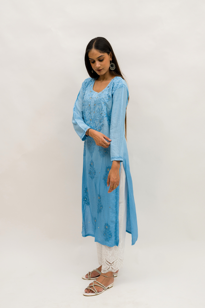 Chanderi Chikankari Kurta with Mukaish Work and Cotton Palazzo Set