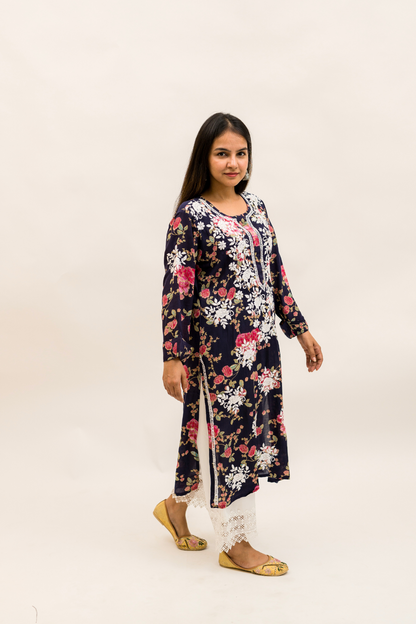 Floral Modal Chikankari Kurta with Cotton Palazzo