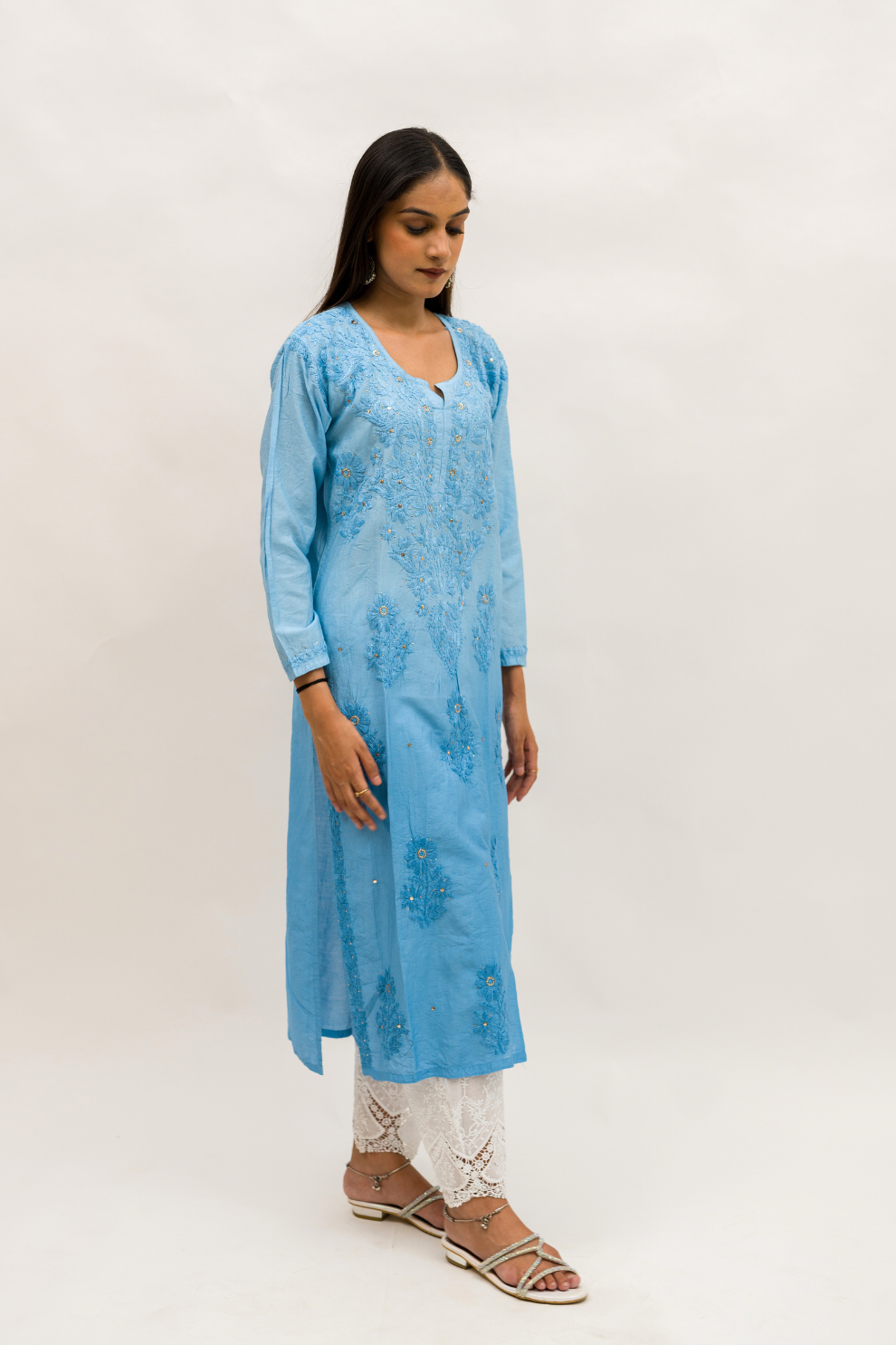 Chanderi Chikankari Kurta with Mukaish Work and Cotton Palazzo Set