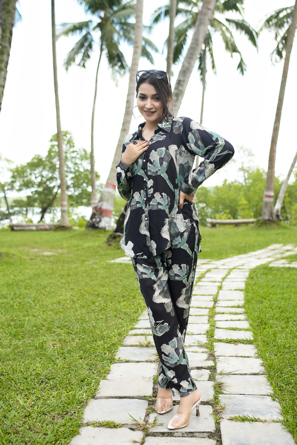 Modern Black and White Rayon Floral Co-Ord Set