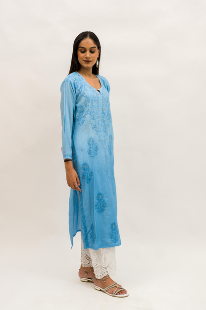 Chanderi Chikankari Kurta with Mukaish Work and Cotton Palazzo Set