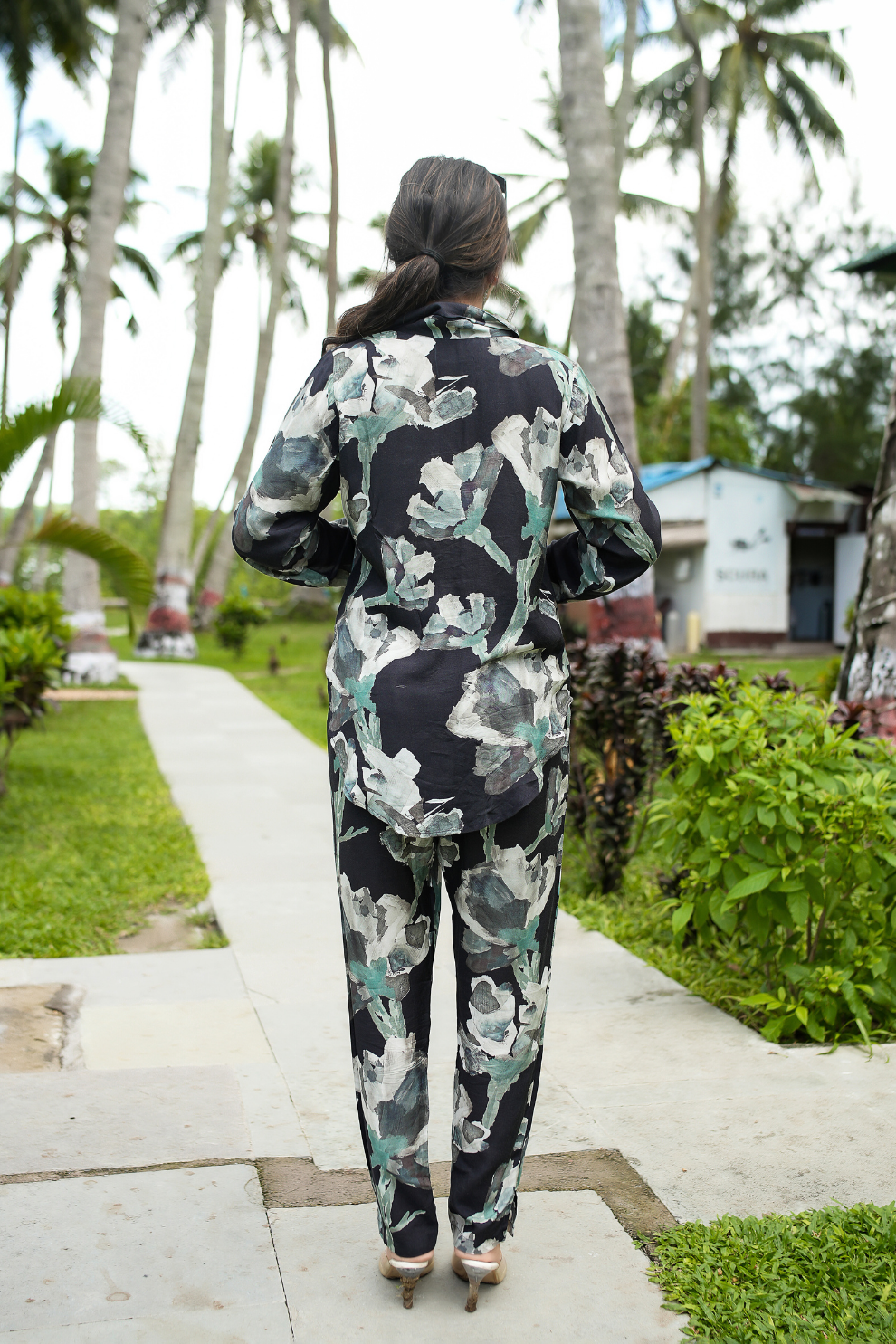 Modern Black and White Rayon Floral Co-Ord Set