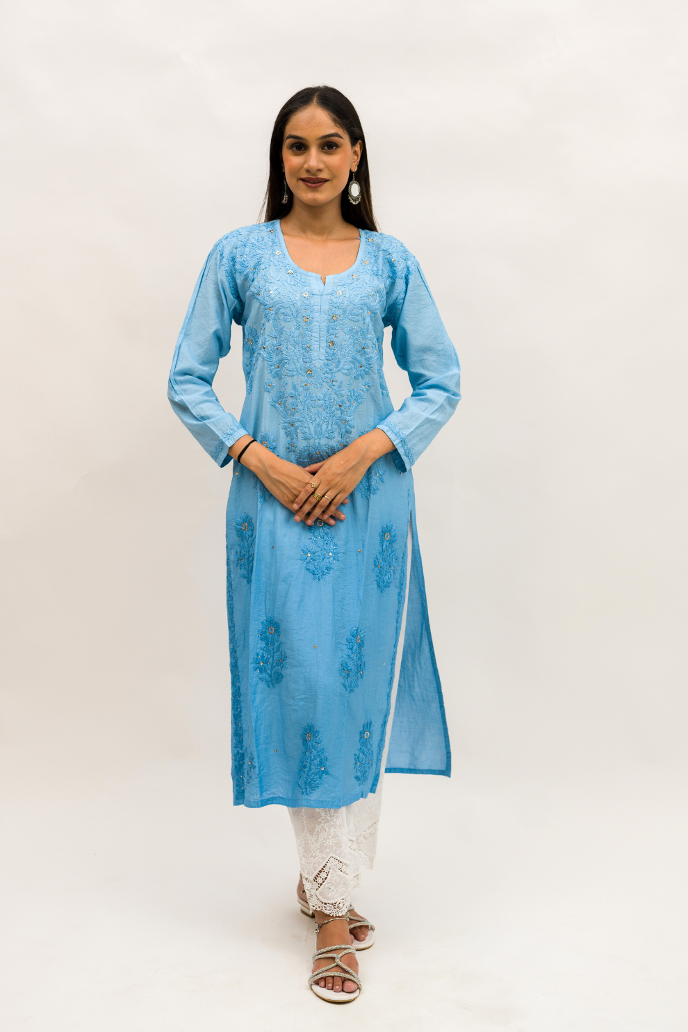 Chanderi Chikankari Kurta with Mukaish Work and Cotton Palazzo Set