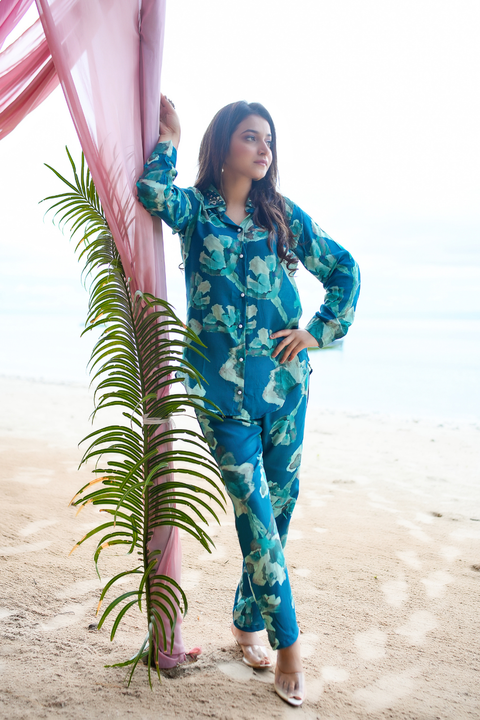 Ocean Blue Rayon Floral Co-Ord Set