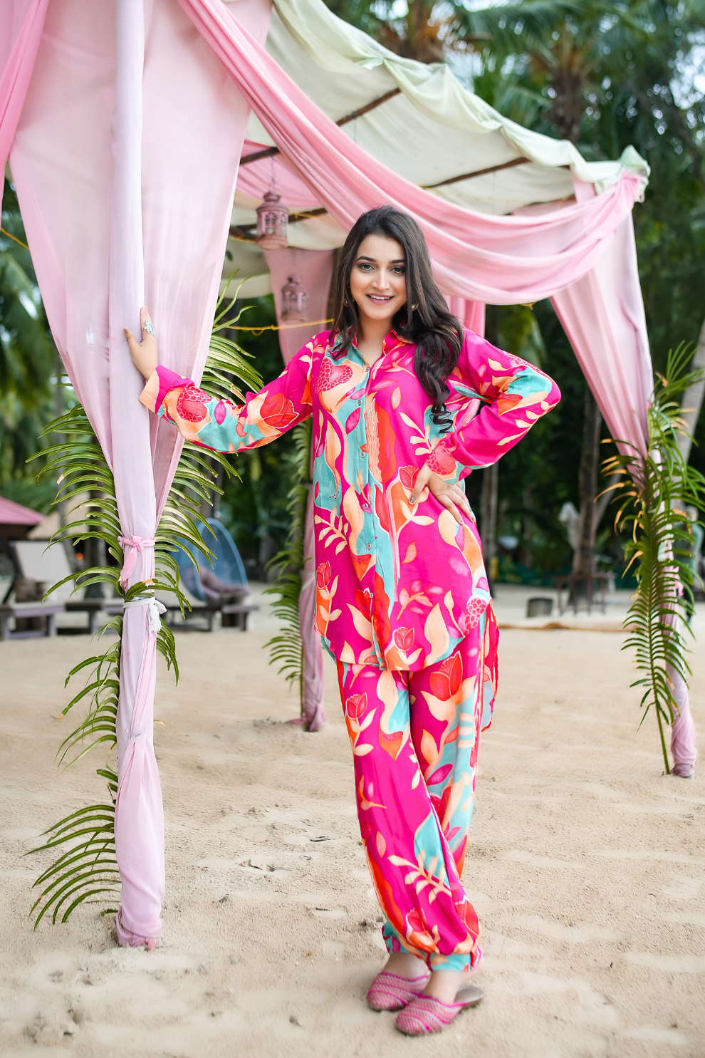 Vibrant Pink Rayon Floral Co-Ord Set