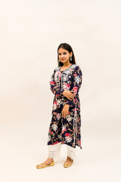 Floral Modal Chikankari Kurta with Cotton Palazzo