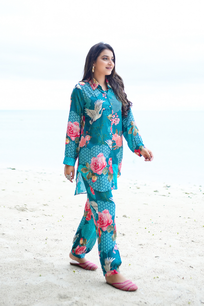 Tropical Teal Rayon Floral Co-Ord Set