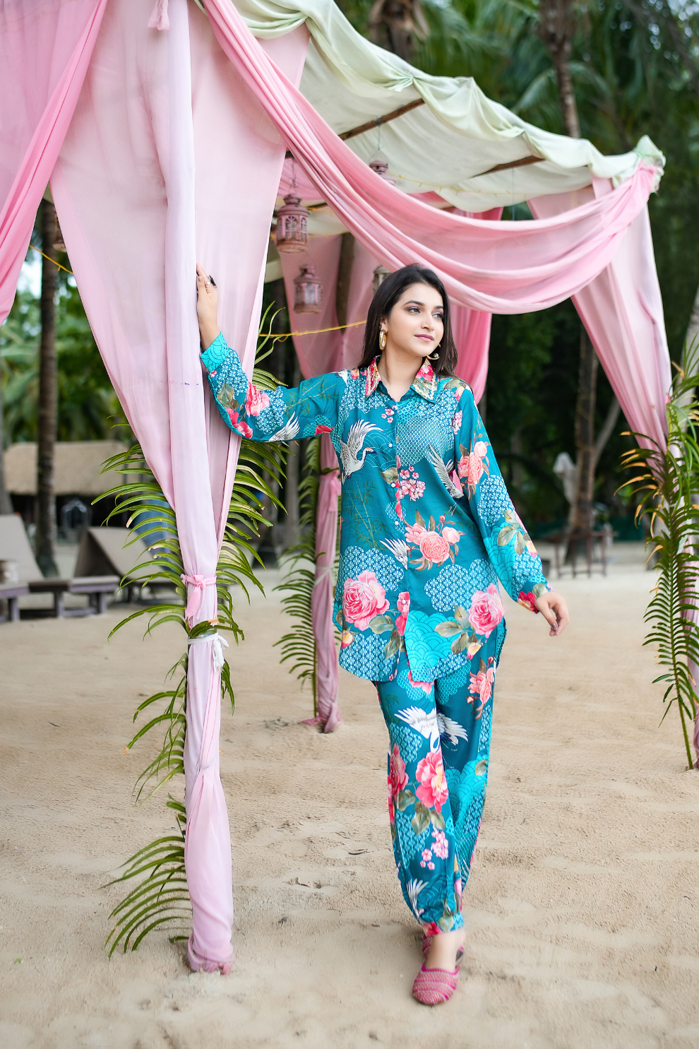 Tropical Teal Rayon Floral Co-Ord Set