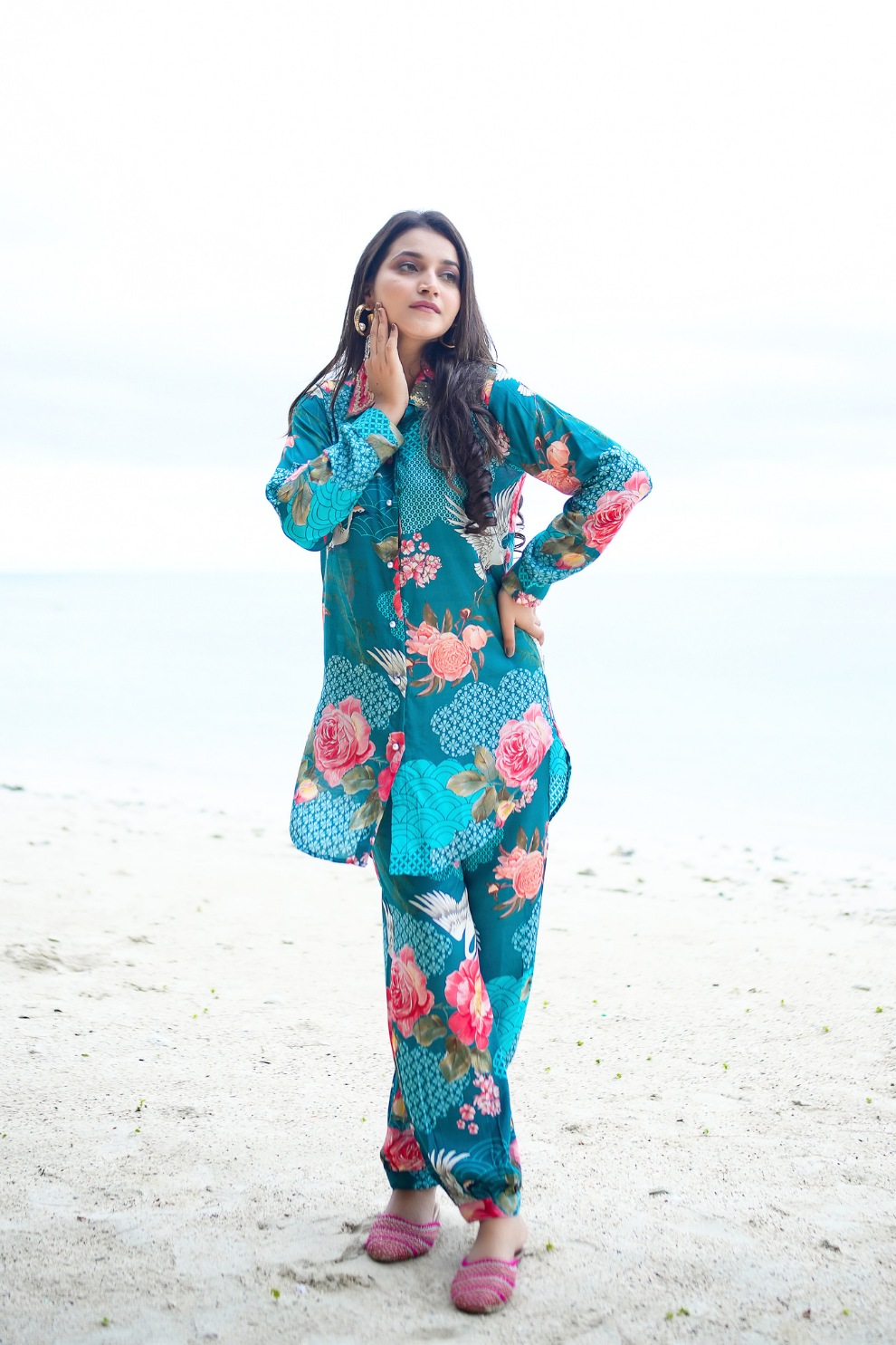 Tropical Teal Rayon Floral Co-Ord Set