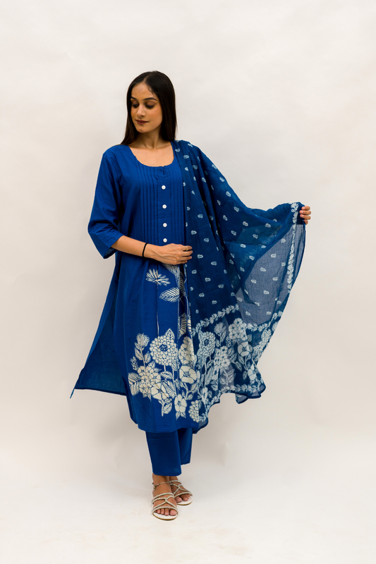 Blue Cotton Kurta with Pant and Dupatta