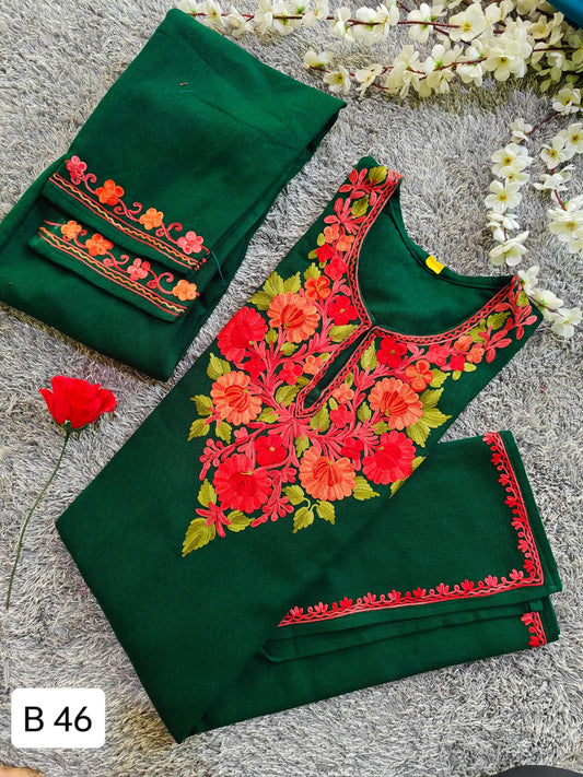 Handcrafted Green Cashmillon Wool Short Kurta Set with Aari Embroidery & Kashmiri Art – 35-inch Length, Winter Collection