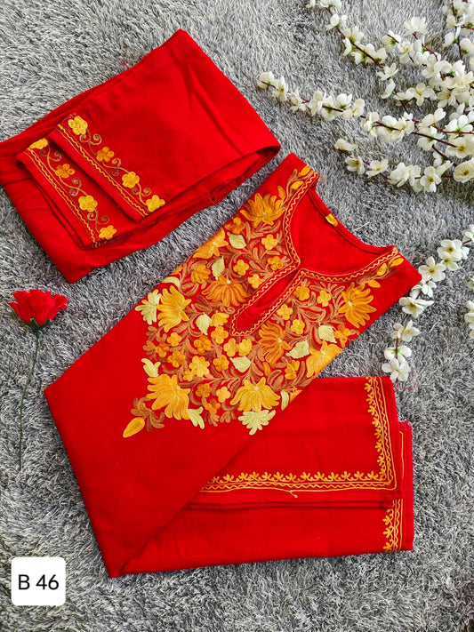 Handcrafted Red Cashmillon Wool Short Kurta Set with Aari Embroidery & Kashmiri Art – 35-inch Length, Winter Collection