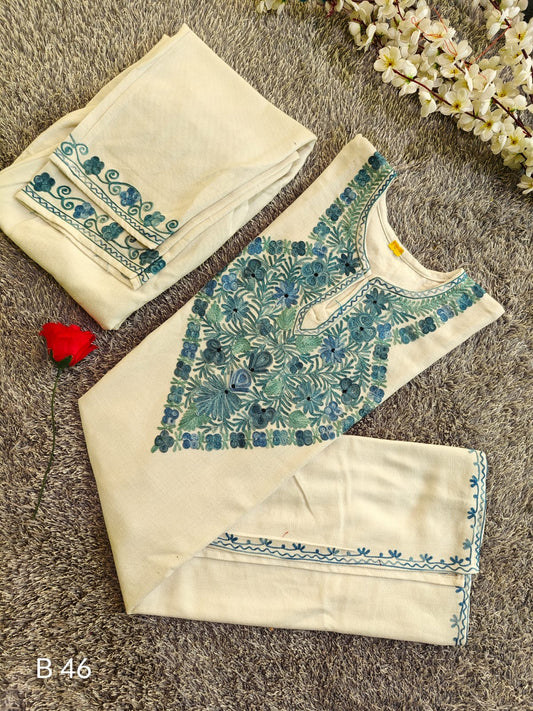 Handcrafted Ivory Cashmillon Wool Short Kurta Set with Blue Aari Embroidery & Kashmiri Art – 35-inch Length, Winter Collection