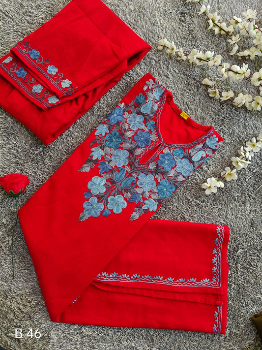 Handcrafted Red Cashmillon Wool Short Kurta Set with Blue Aari Embroidery & Kashmiri Art – 35-inch Length, Winter Collection