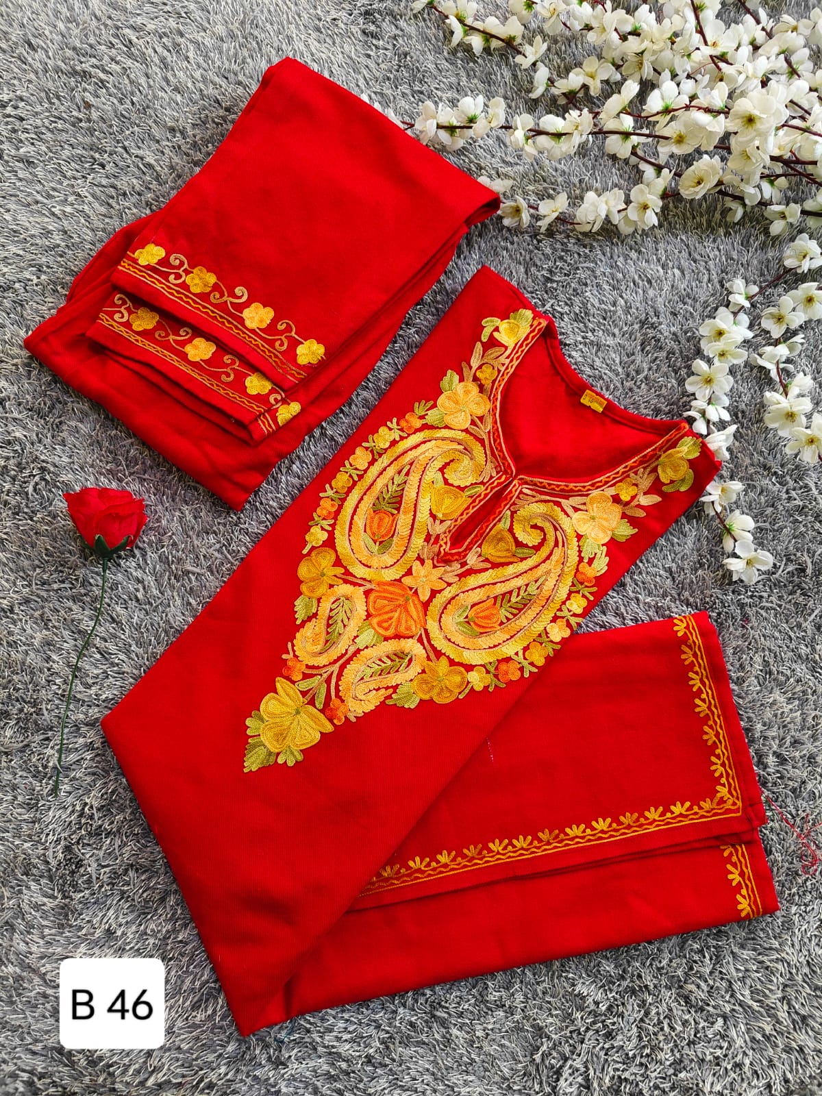 Handcrafted Red Cashmillon Wool Short Kurta Set with Yellow Aari Embroidery & Kashmiri Art – 35-inch Length, Winter Collection