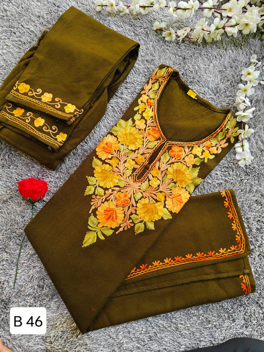 Olive Green Cashmillon Wool Short Kurta Set with Vibrant Floral Kashmiri Embroidery – Winter Collection