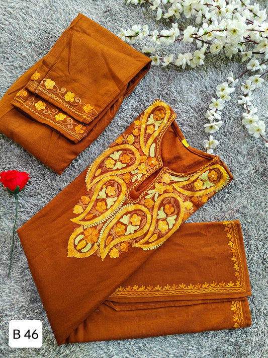 Handcrafted Brown Cashmillon Wool Short Kurta Set with Paisley Kashmiri Embroidery – Winter Collection