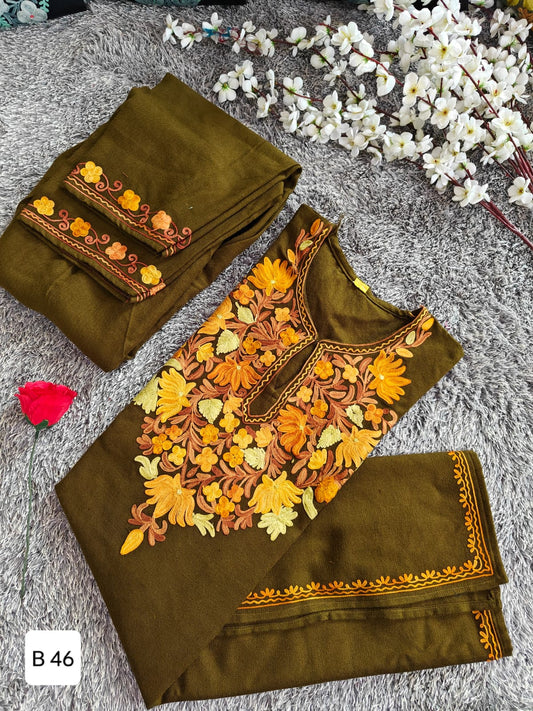 Handcrafted Olive Green Cashmillon Wool Short Kurta Set with Orange Floral Kashmiri Embroidery – Winter Collection