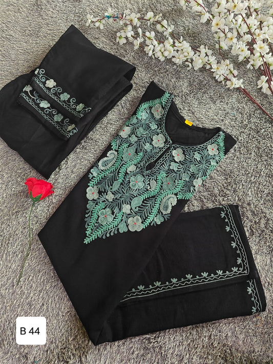 Handcrafted Black Cashmillon Wool Short Kurta Set with Green Floral Kashmiri Embroidery – Winter Collection