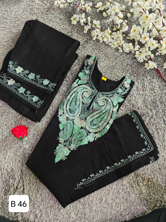 Handcrafted Black Cashmillon Wool Short Kurta Set with Paisley Kashmiri Embroidery – Winter Collection