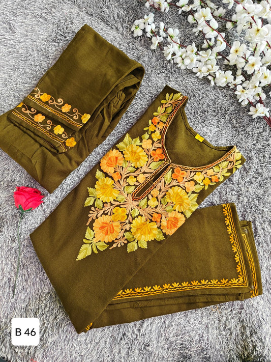 Handcrafted Olive Green Cashmillon Wool Short Kurta Set with Orange Floral Kashmiri Embroidery – Winter Collection