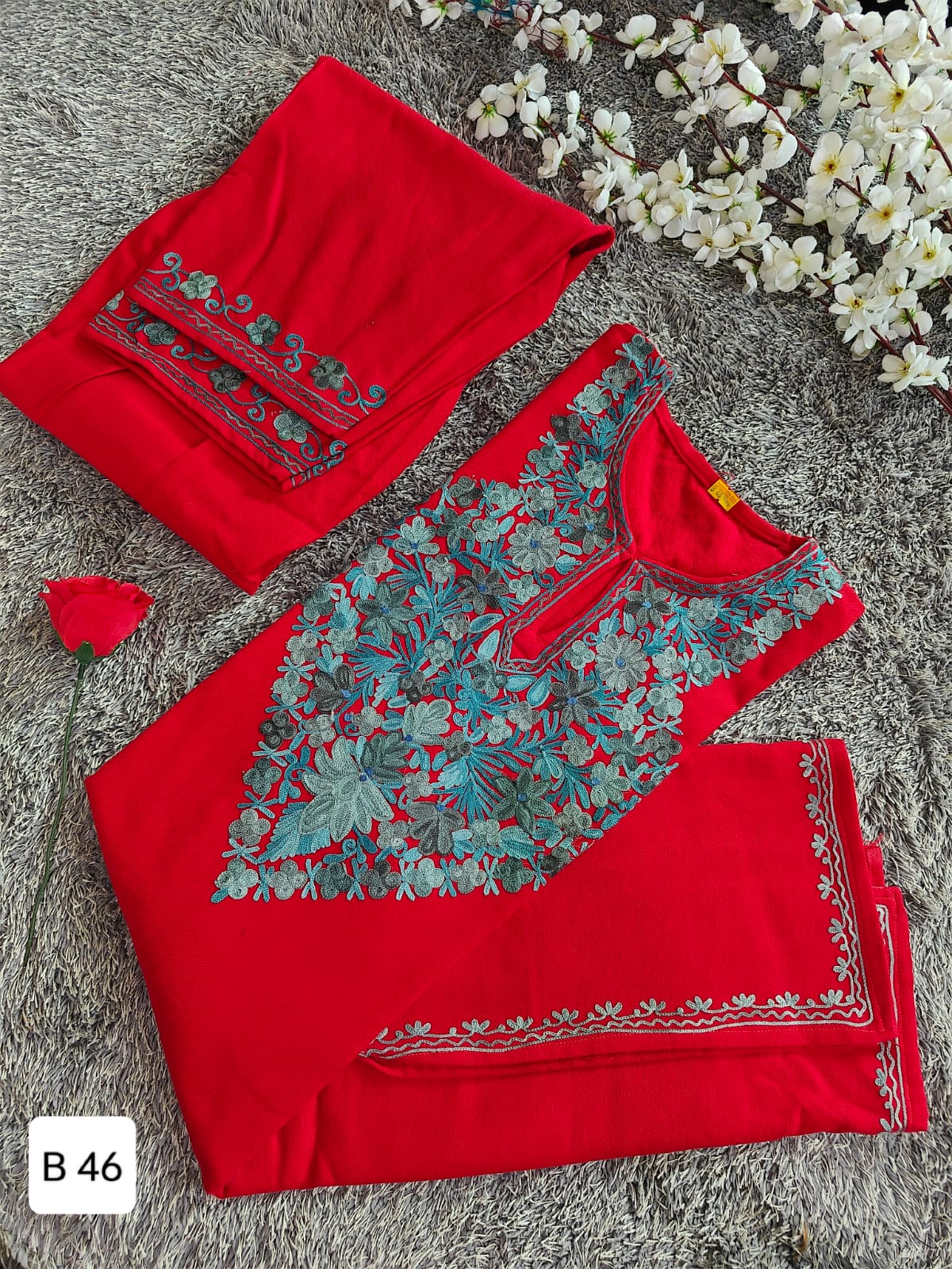 Handcrafted Red Cashmillon Wool Short Kurta Set with Blue Floral Kashmiri Embroidery – Winter Collection