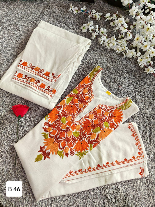 Handcrafted Off-White Cashmillon Wool Short Kurta Set with Orange Floral Kashmiri Embroidery – Winter Collection