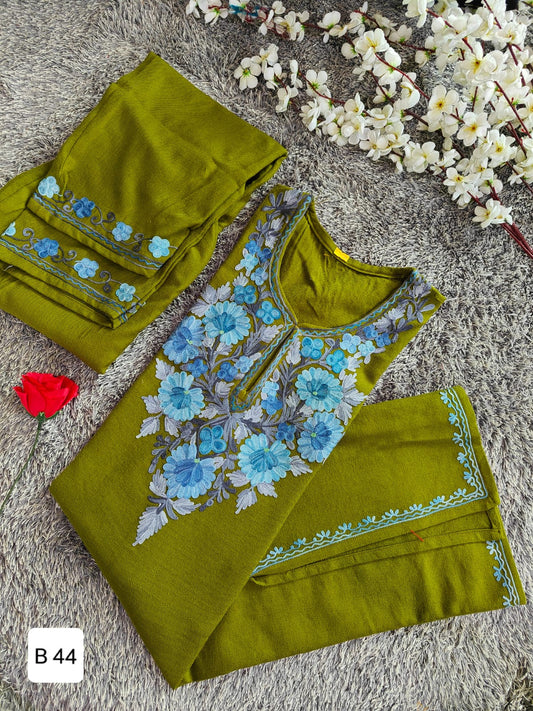 Handcrafted Olive Green Cashmillon Wool Short Kurta Set with Blue Floral Kashmiri Embroidery – Winter Collection